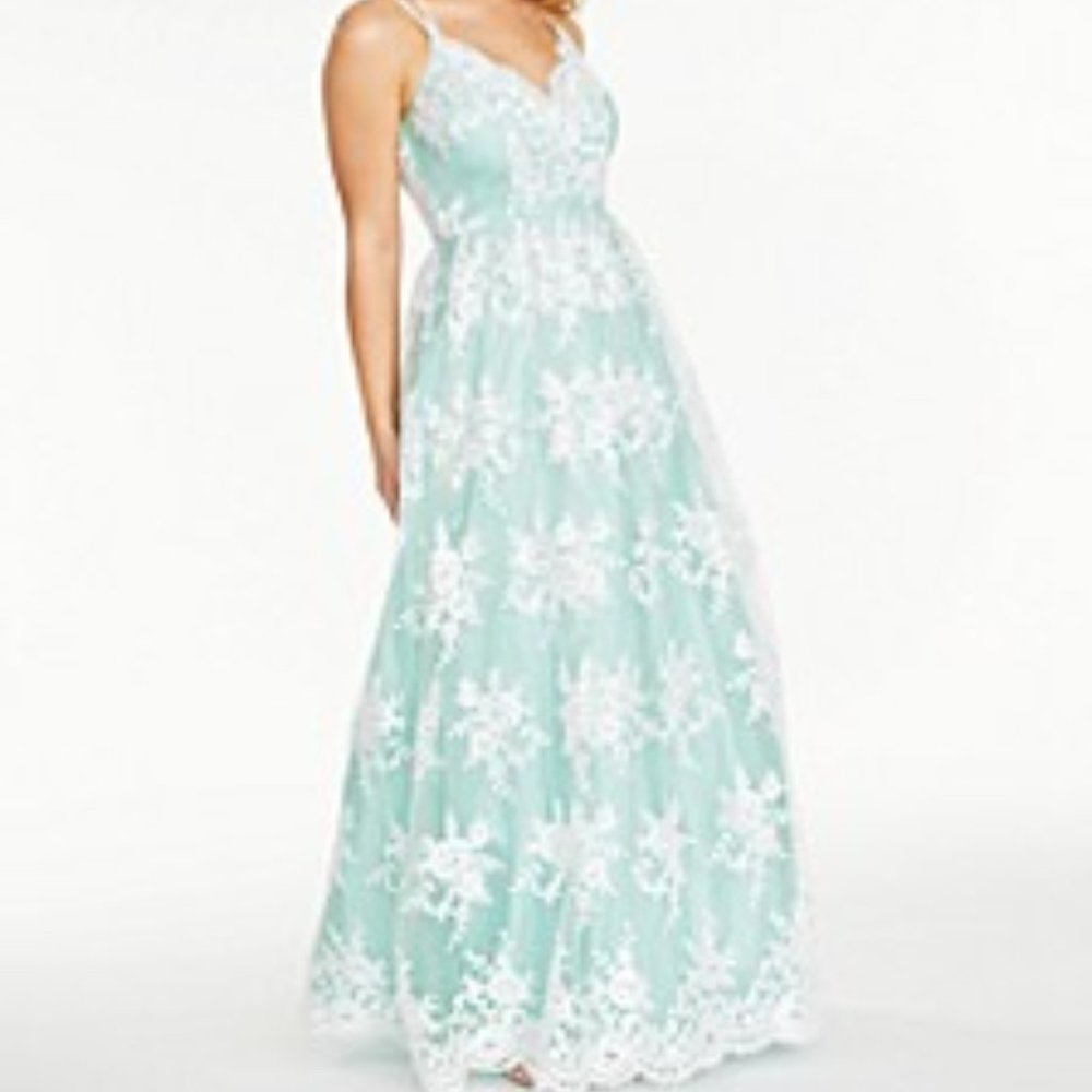 Say Yes To The Prom Embroidered Mesh Gown, Mint/White, Size 3/4